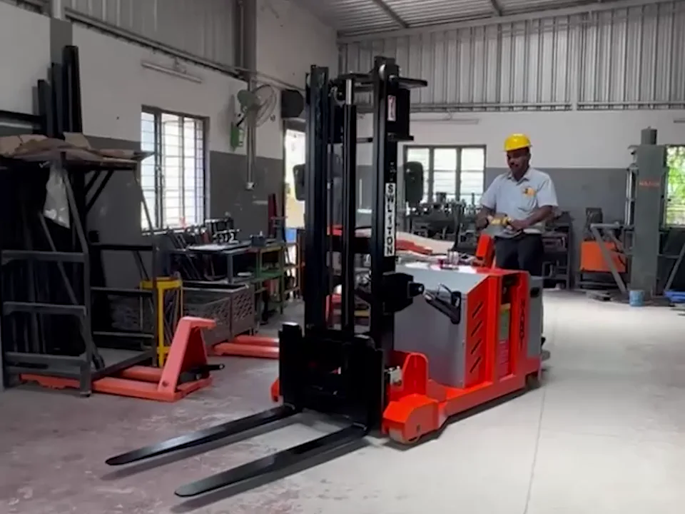 Assembly bay at the Nandi Equipments factory in Coimbatore, with a battery-operated counterbalanced stacker under test