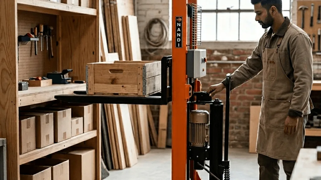 An operator positions a Nandi semi-electric stacker at a storage rack in a small workshop