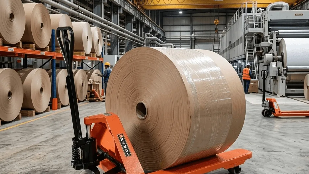A large paper reel cradled on a Nandi hydraulic reel trolley inside a paper mill