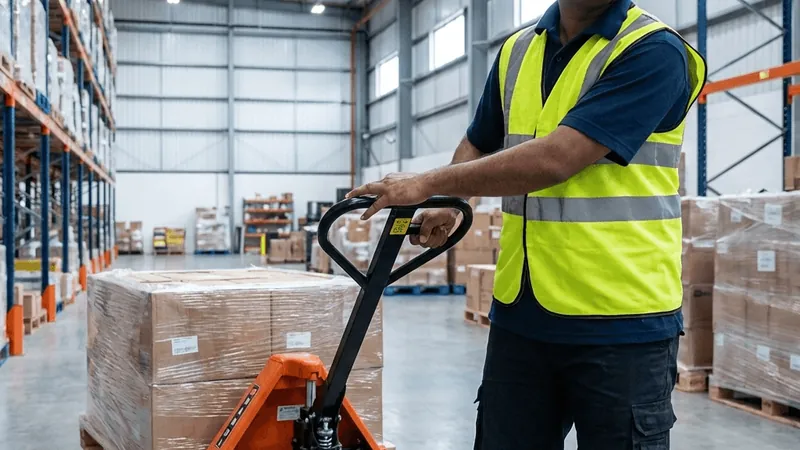A warehouse operator moving a wrapped pallet on a Nandi hydraulic pallet truck