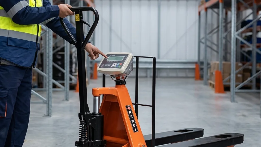 An operator reading the indicator on a Nandi pallet truck with integrated weighing scale
